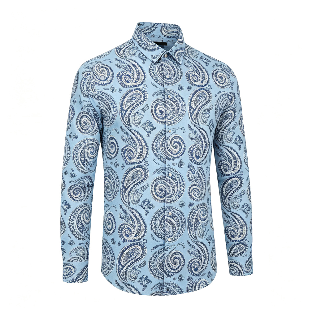 Light Blue Vintage Paisley Print Long Sleeve Shirt