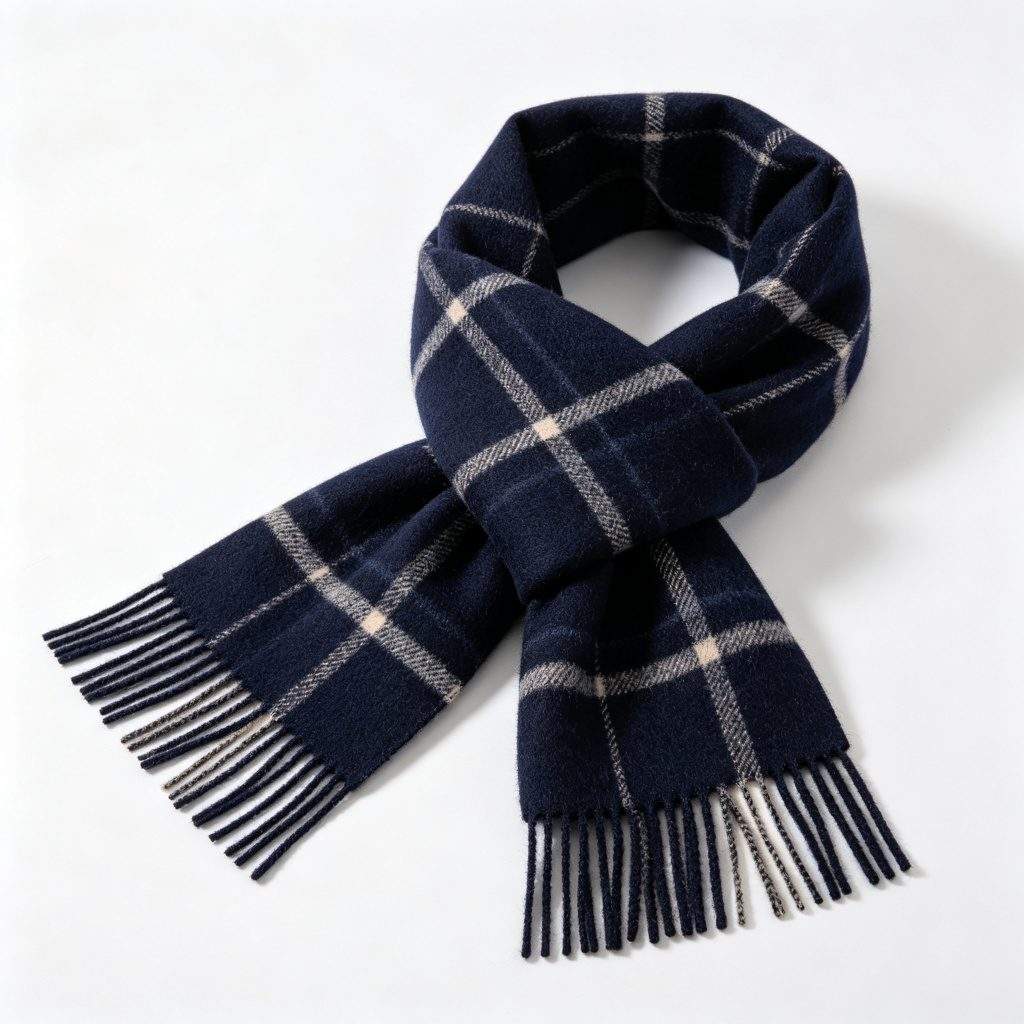 Navy Wool Plaid Scarf