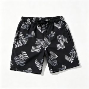 Black Abstract Geometric Print Beach Shorts