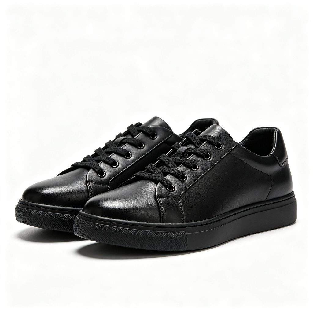 Black Genuine Leather Court Sneakers