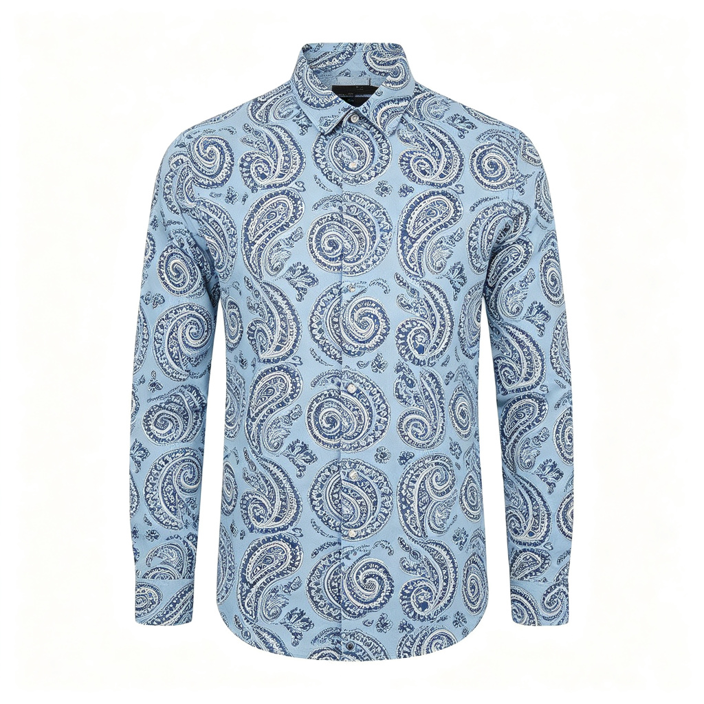 Light Blue Vintage Paisley Print Long Sleeve Shirt - Image 2