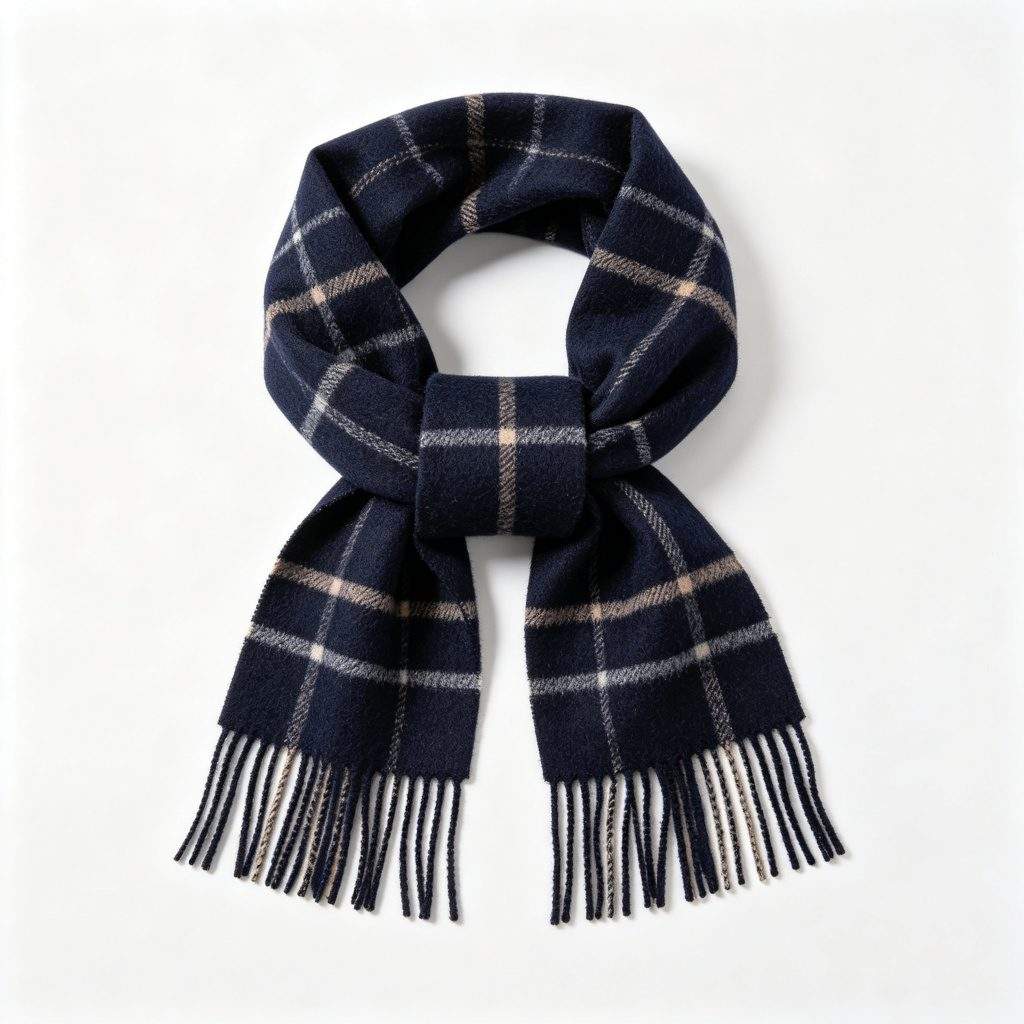 Navy Wool Plaid Scarf - Image 2