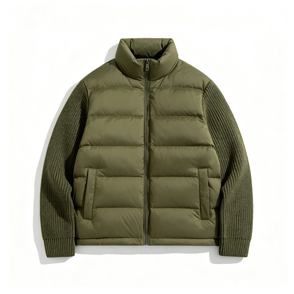 Army Green Knit Sleeve Stand Collar Down Jacket - Image 2