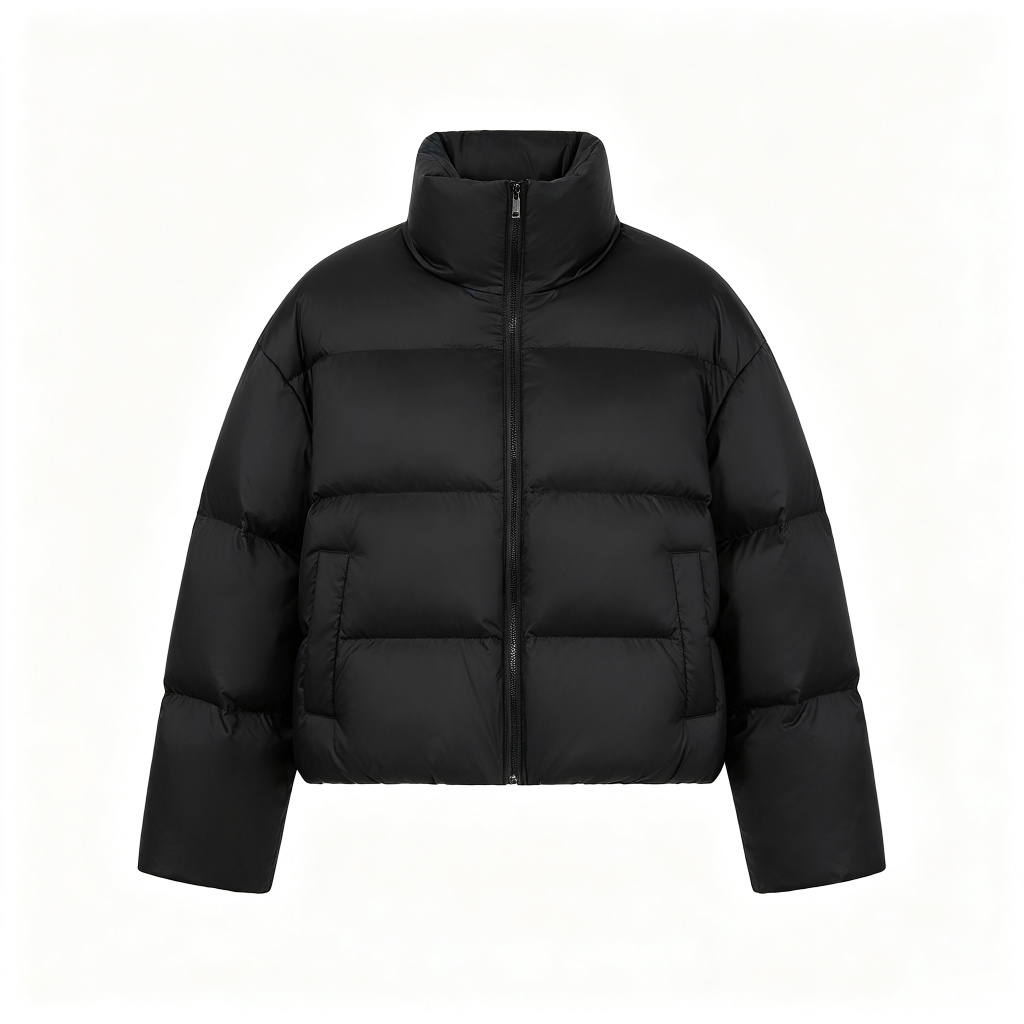 Black Stand Collar Short Down Jacket - Image 2