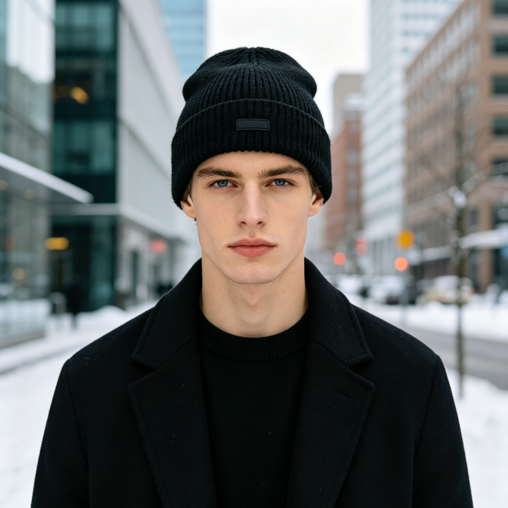 Black Ribbed Knit Cuff Beanie - Image 3