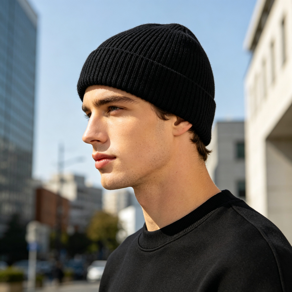 Black Ribbed Knit Cuff Beanie - Image 3