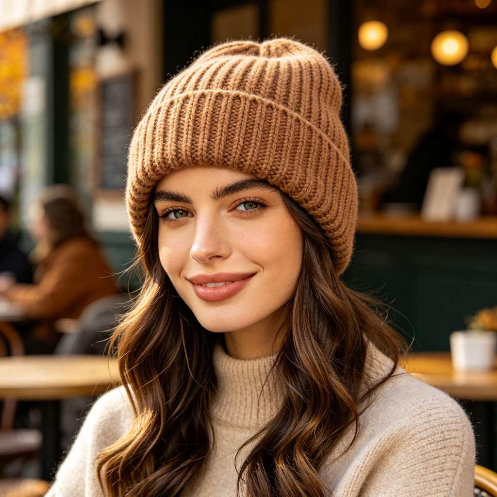 Camel Chunky Ribbed Knit Beanie - Image 3