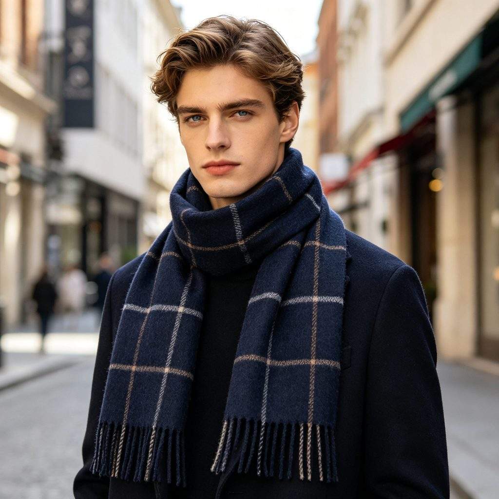 Navy Wool Plaid Scarf - Image 3