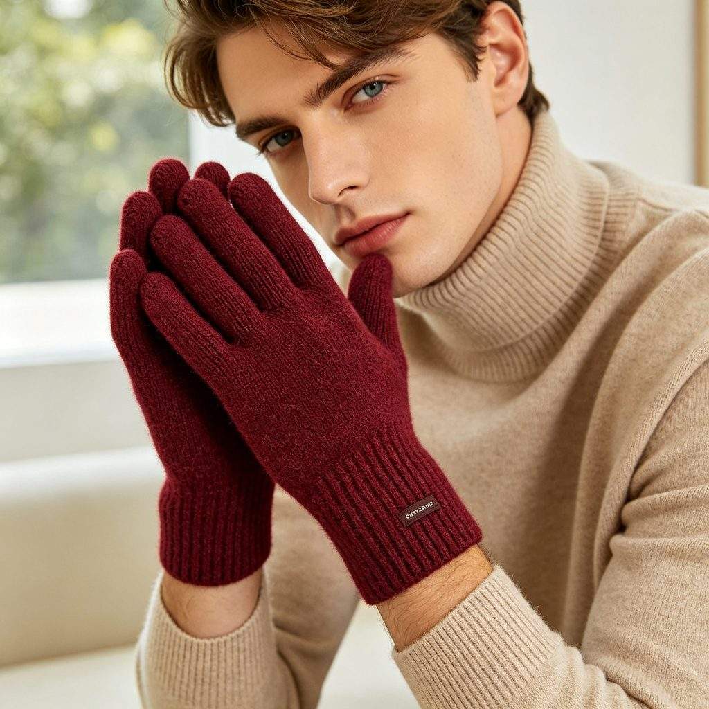 Burgundy Wool Knitted Gloves - Image 3