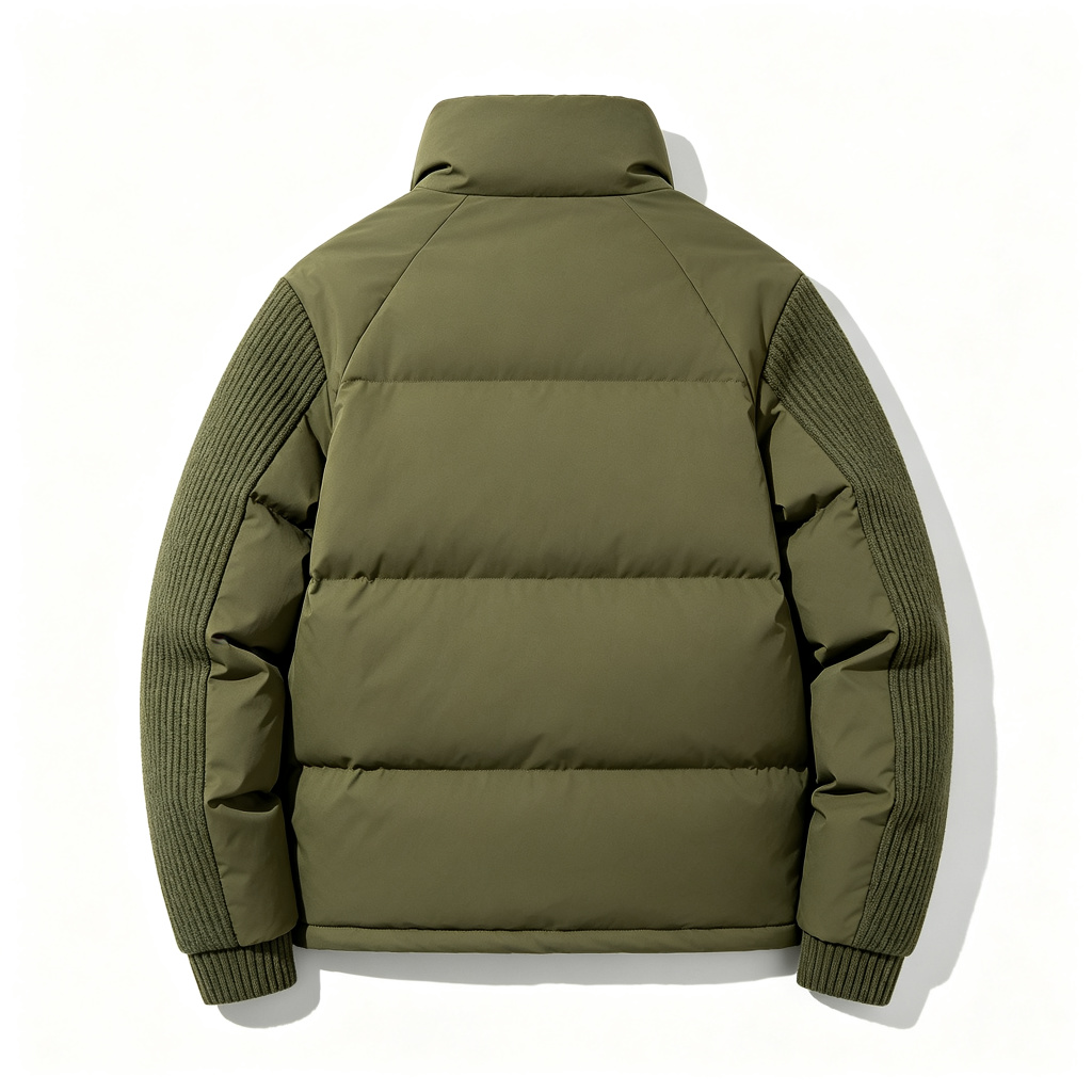 Army Green Knit Sleeve Stand Collar Down Jacket - Image 3