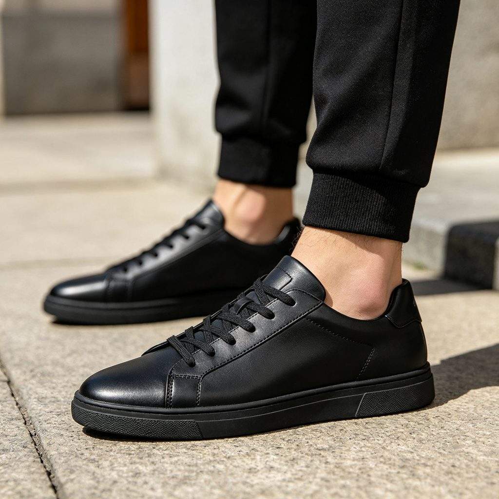 Black Genuine Leather Court Sneakers - Image 4