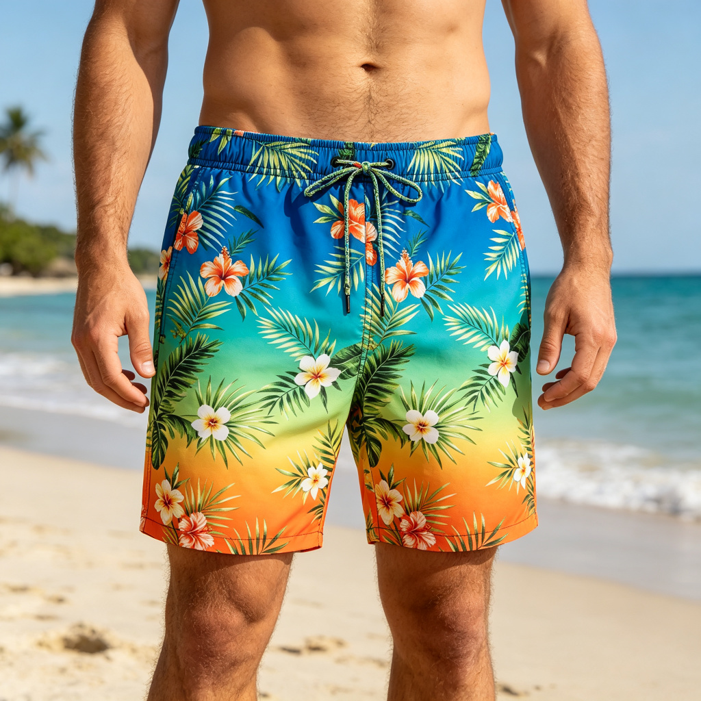 Colorful Gradient Tropical Print Beach Shorts - Image 4