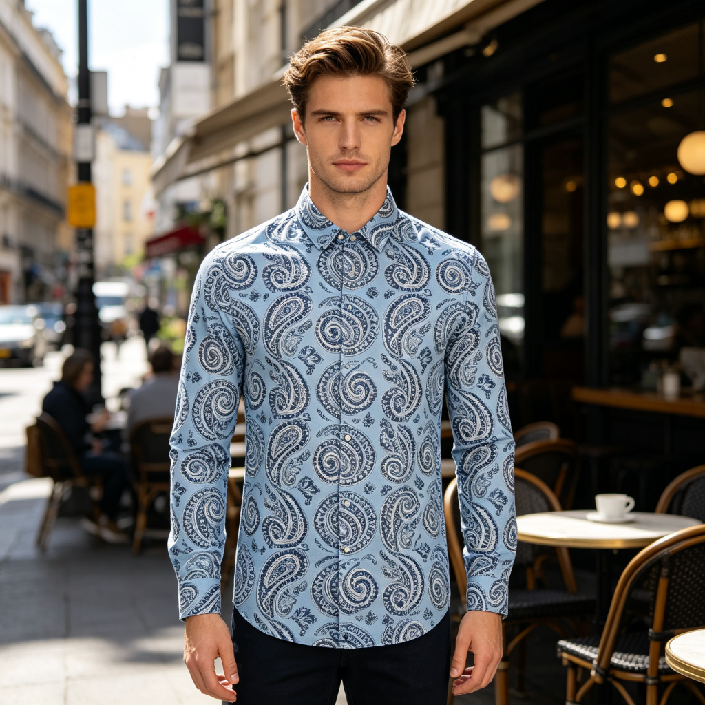 Light Blue Vintage Paisley Print Long Sleeve Shirt - Image 4