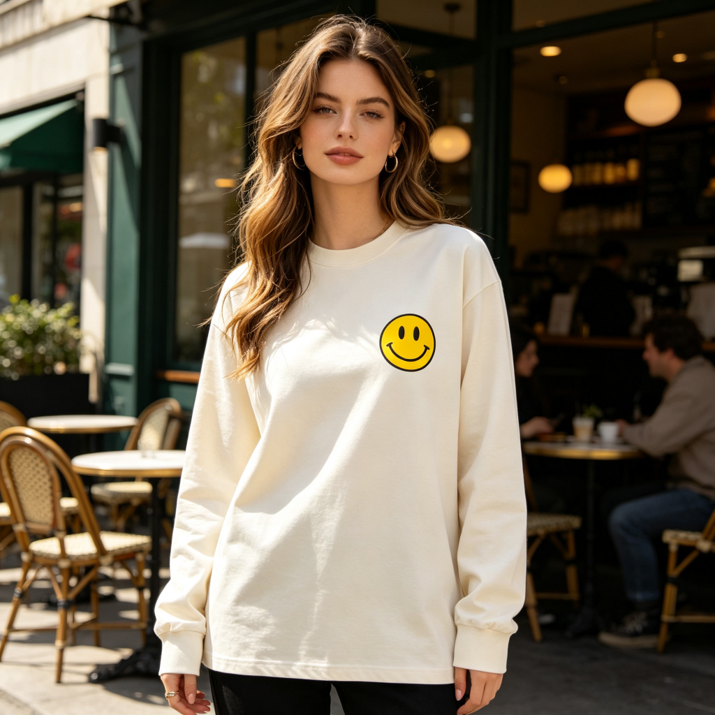 Cream Smiley Face Print Long Sleeve T-Shirt - Image 4