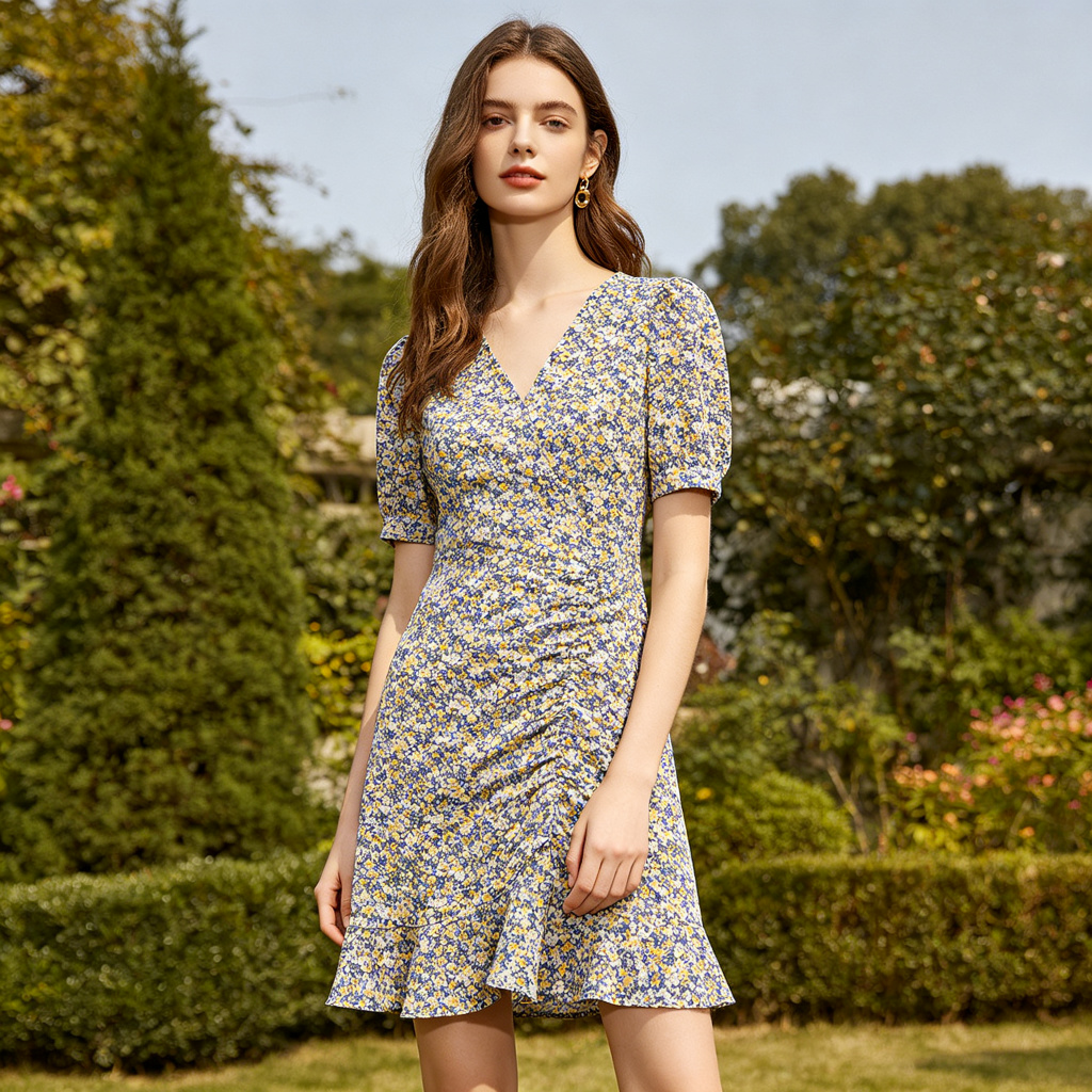 Floral Print V-Neck Mini Dress - Image 4
