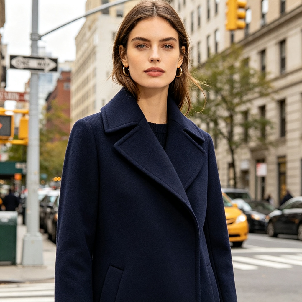 Navy Blue Double-Breasted Wool Coat - Image 4