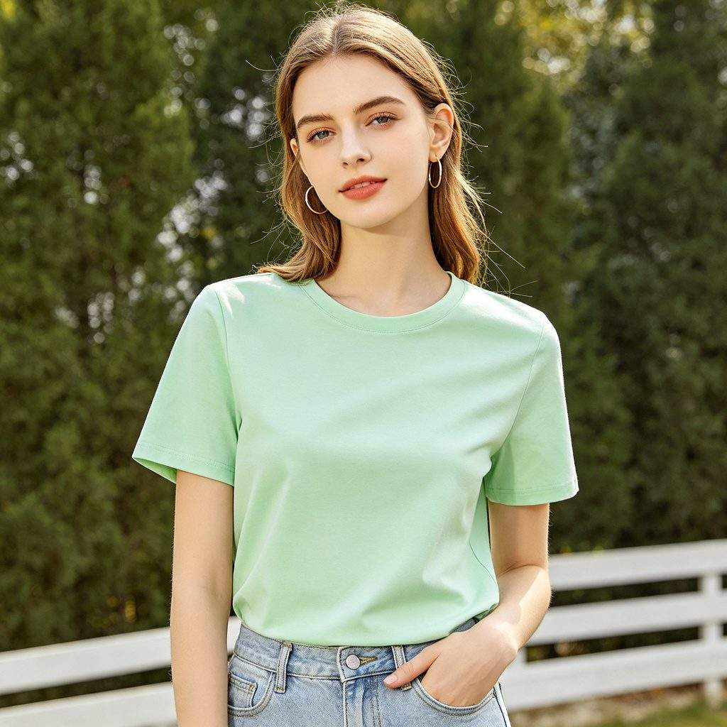 Mint Green Cotton Crew Neck Short-Sleeve T-Shirt - Image 4