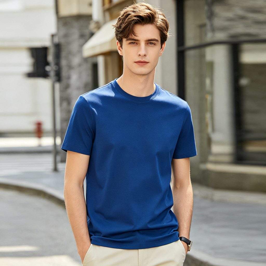 Royal Blue Cotton Crew Neck Short-Sleeve T-Shirt - Image 4