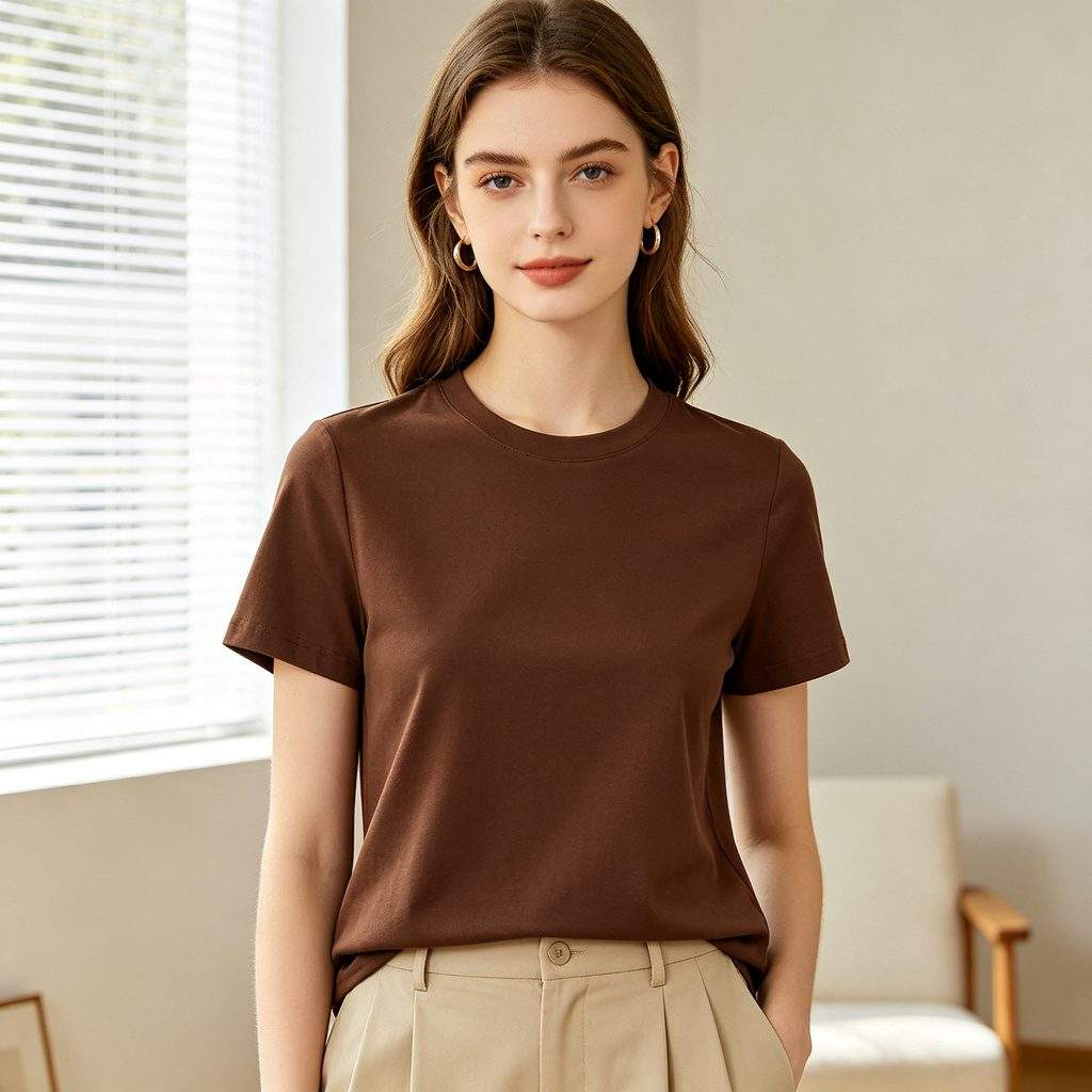 Coffee Brown Cotton Crew Neck Short-Sleeve T-Shirt - Image 4