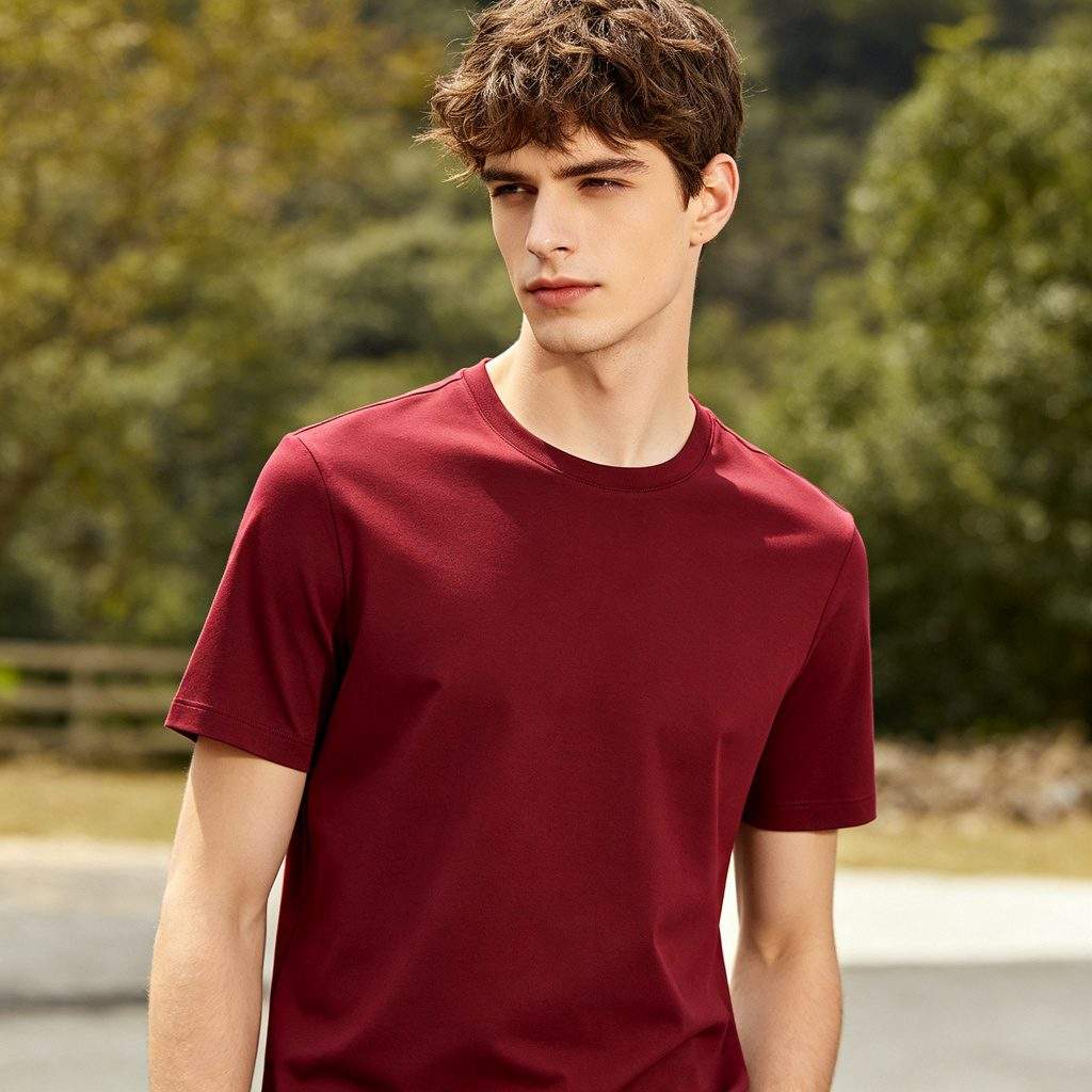 Burgundy Cotton Crew Neck Short-Sleeve T-Shirt - Image 4