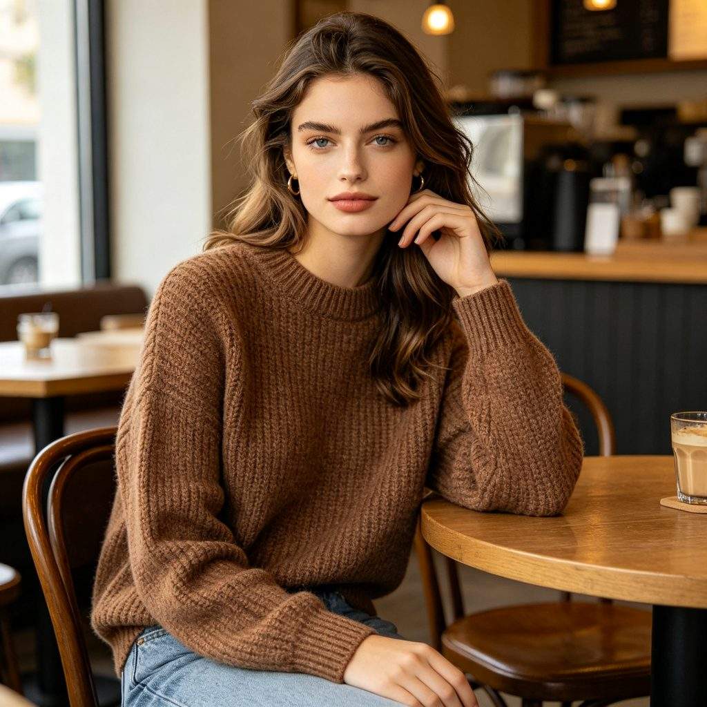 Coffee Brown Crew Neck Knitted Sweater - Image 4