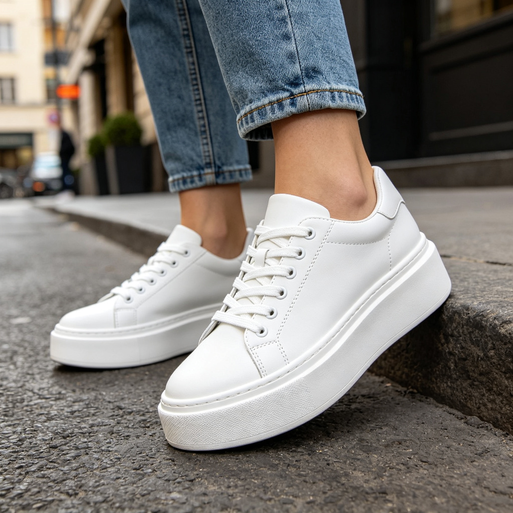 White Leather Platform Chunky Sole Sneakers - Image 4