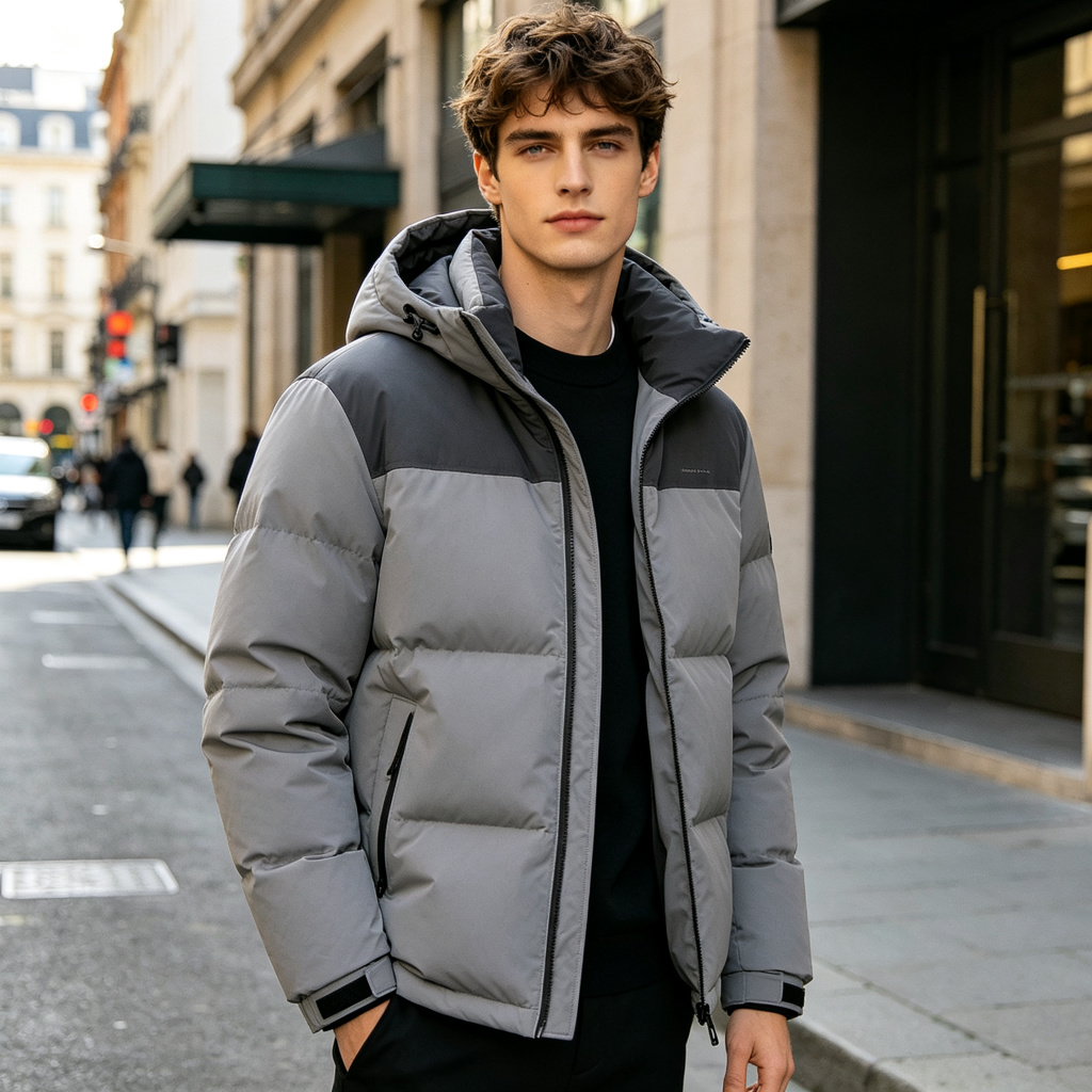 Gray Colorblock Hooded Down Jacket - Image 4
