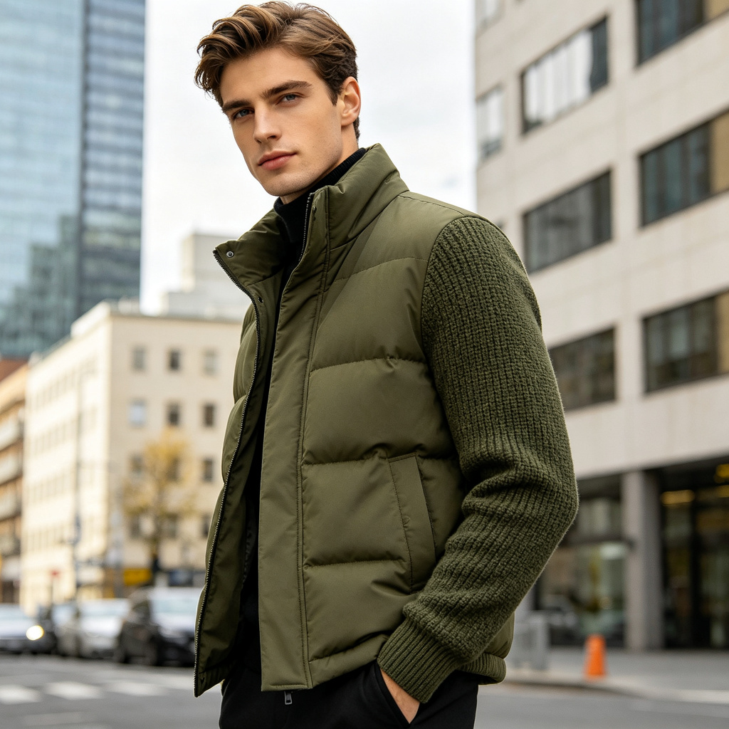Army Green Knit Sleeve Stand Collar Down Jacket - Image 4