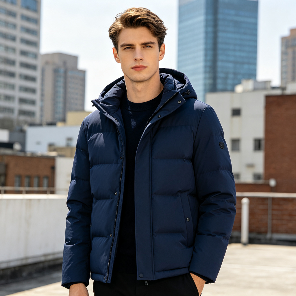 Navy Blue Hooded Down Jacket - Image 4