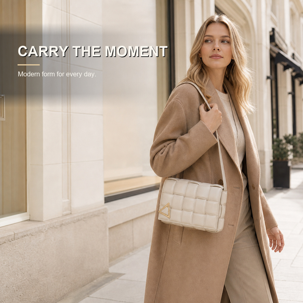 Ivory Padded Woven Flap Shoulder Bag - View 3