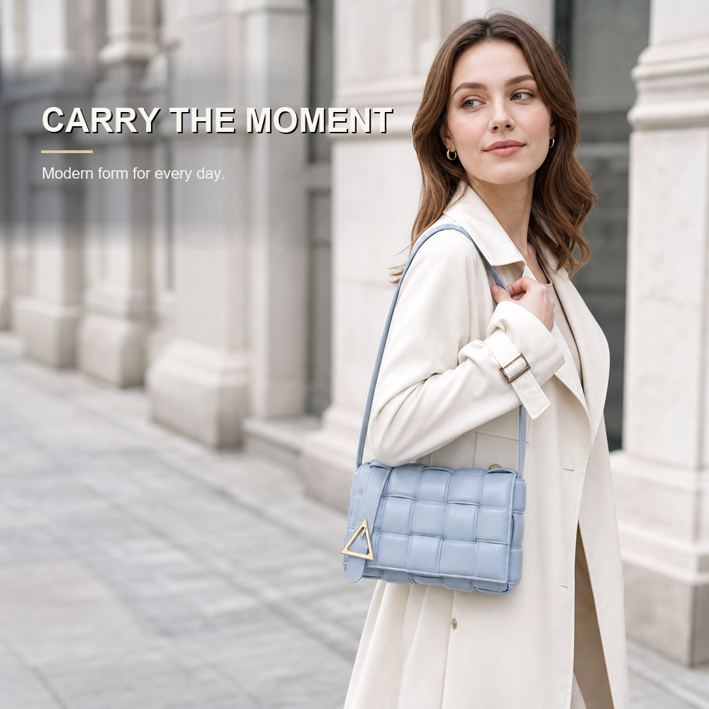 Light Blue Padded Woven Flap Shoulder Bag - View 3
