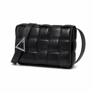 Black Padded Woven Flap Shoulder Bag - View 1