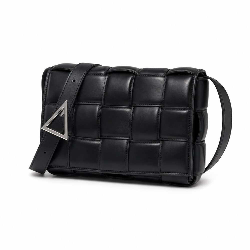 Black Padded Woven Flap Shoulder Bag - View 1