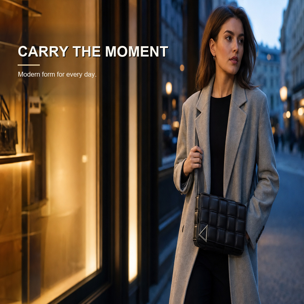 Black Padded Woven Flap Shoulder Bag - View 3