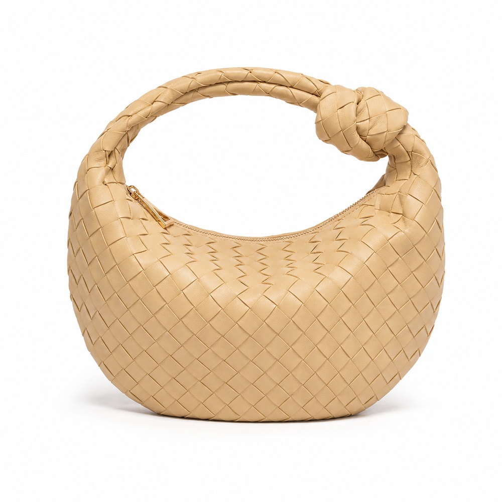 Beige Woven Crescent Hobo Bag - View 2