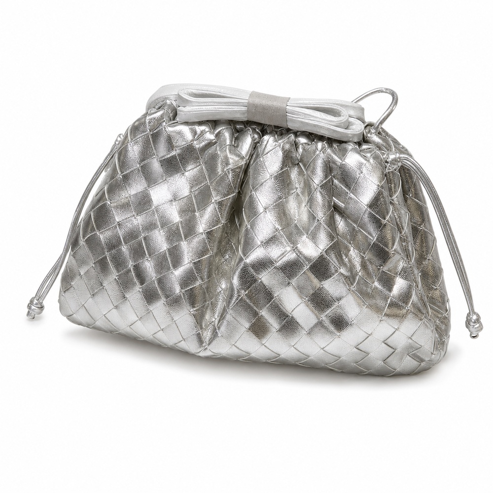 Metallic Silver Woven Pouch Bag - View 1
