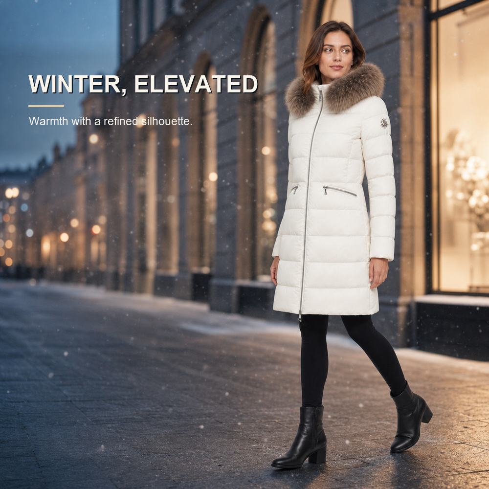 Ivory Fur-Trim Long Down Coat - View 6