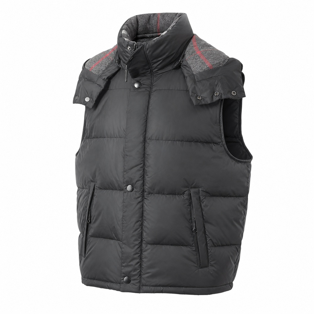Black Check-Yoke High-Collar Down Vest - View 1