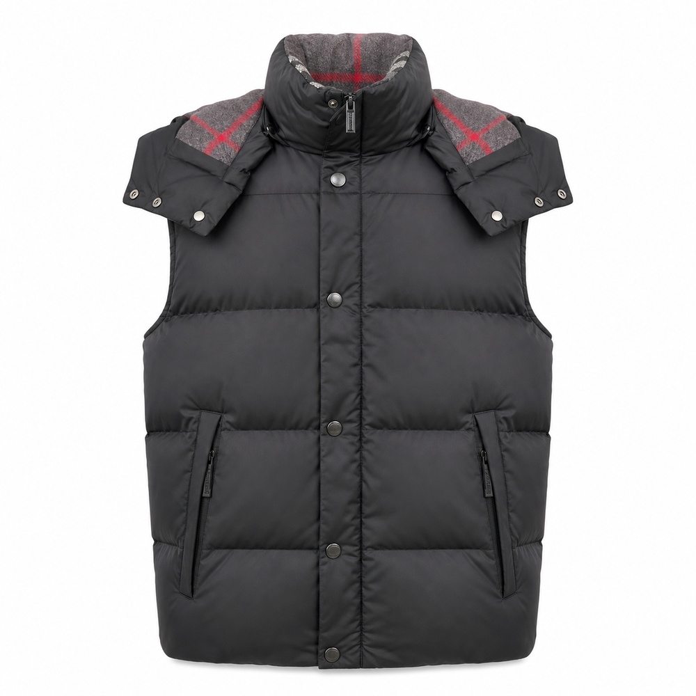 Black Check-Yoke High-Collar Down Vest - View 2
