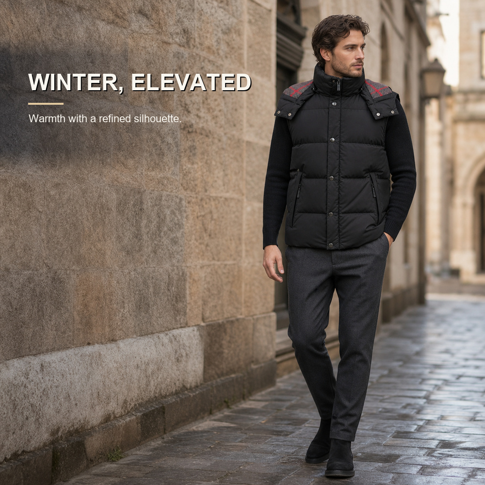Black Check-Yoke High-Collar Down Vest - View 5