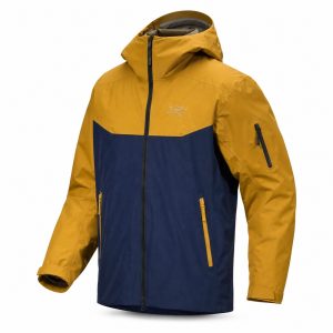 Mustard and Navy Color-Block Hooded Down Jacket - View 1