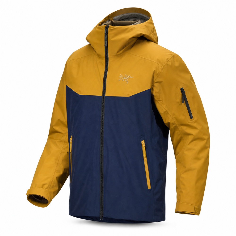 Mustard and Navy Color-Block Hooded Down Jacket - View 1