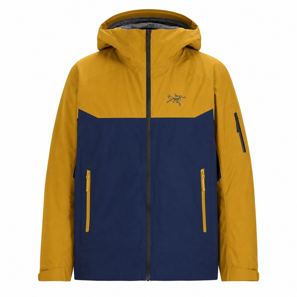 Mustard and Navy Color-Block Hooded Down Jacket - View 2
