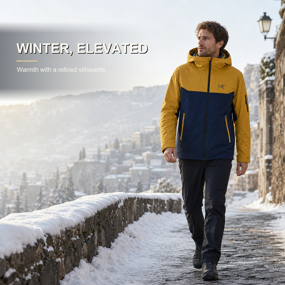 Mustard and Navy Color-Block Hooded Down Jacket - View 5