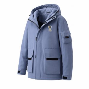 Powder Blue Multi-Pocket Hooded Down Parka - View 1