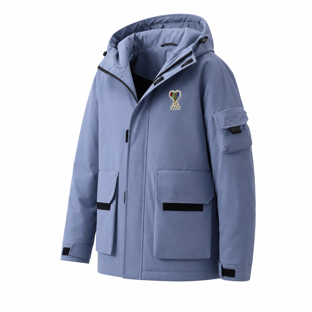 Powder Blue Multi-Pocket Hooded Down Parka - View 1