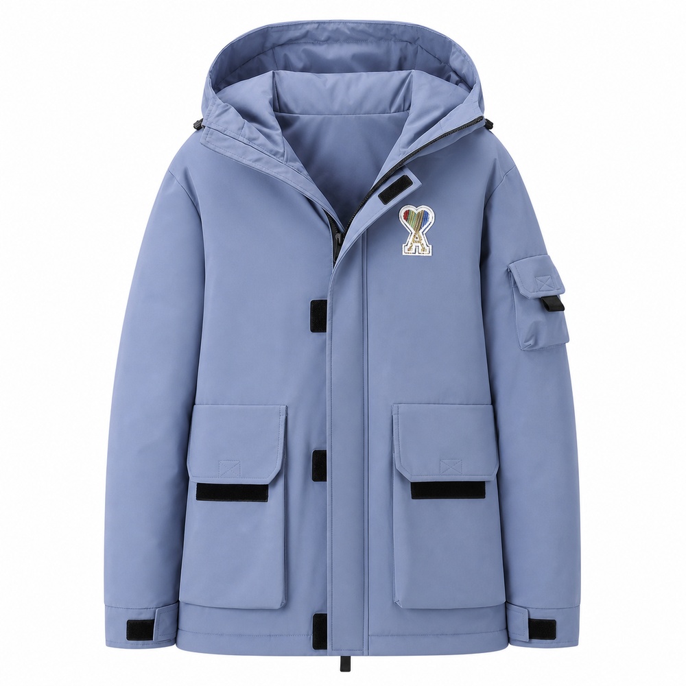 Powder Blue Multi-Pocket Hooded Down Parka - View 2