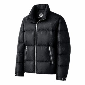 Black Tonal Jacquard Silver-Zip Down Jacket - View 1