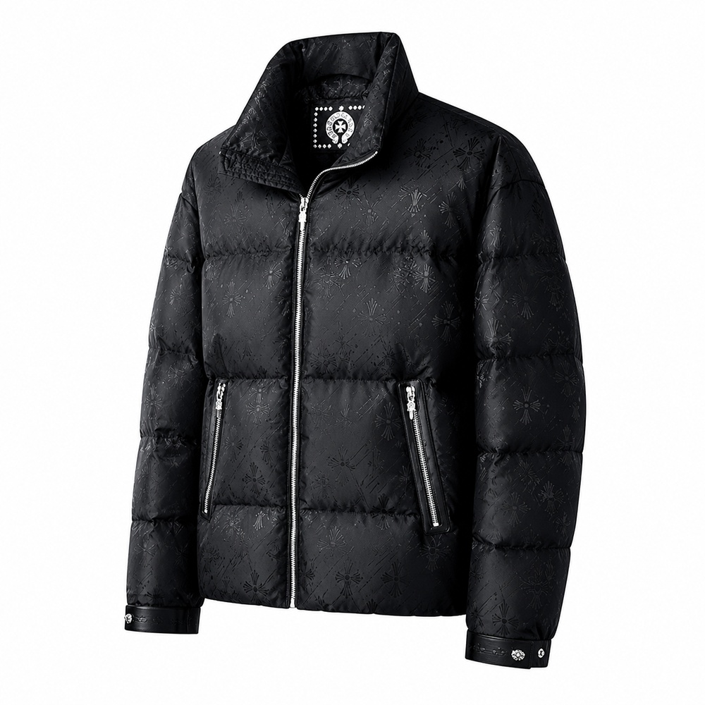 Black Tonal Jacquard Silver-Zip Down Jacket - View 1