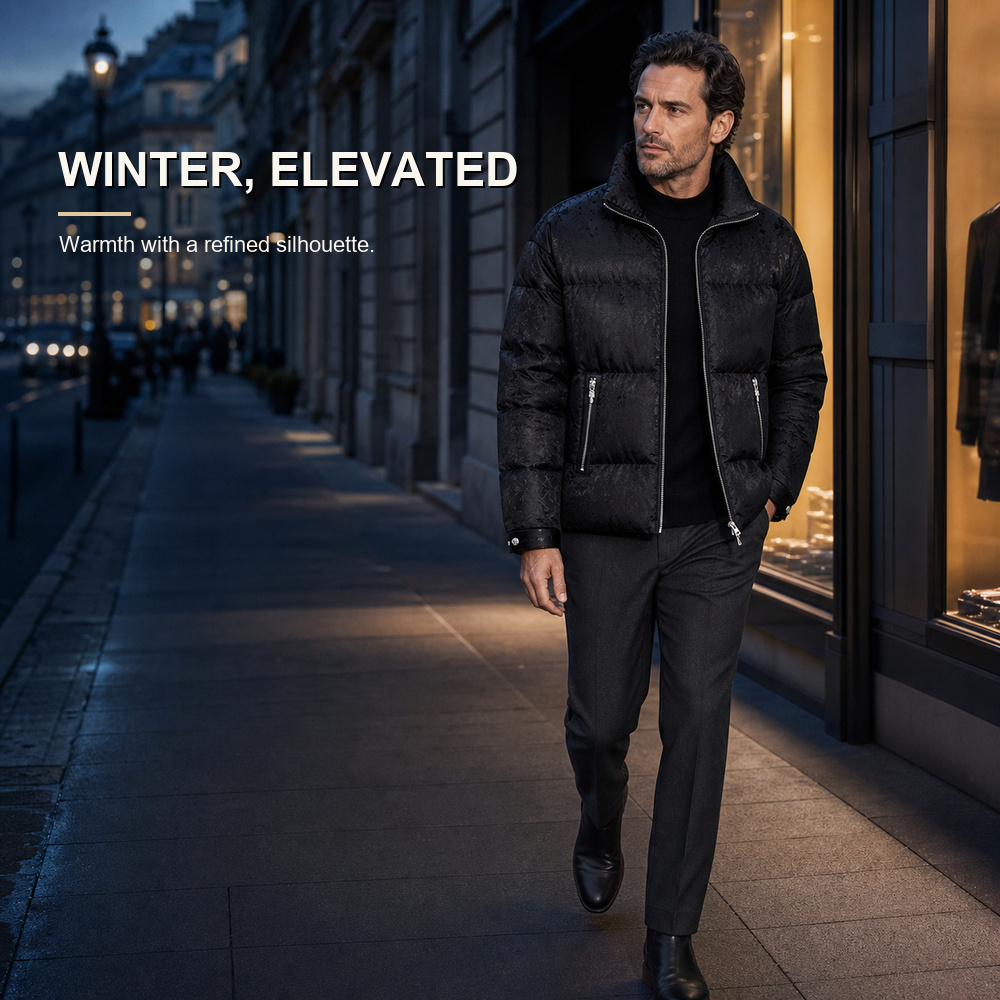 Black Tonal Jacquard Silver-Zip Down Jacket - View 5